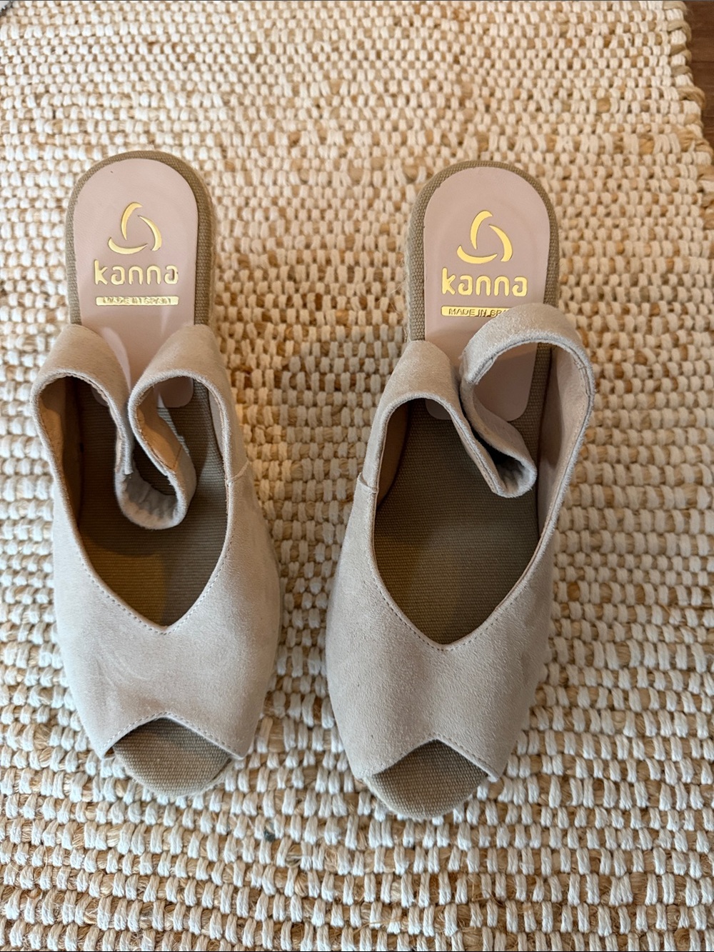kanna Taupe Suede Peep-Toe Slide Heels